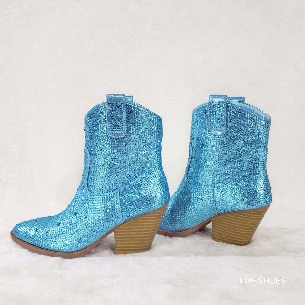 Dolly Aqua Blue Rhinestone Glitter Disco Cowgirl Country Western Ankle Boots